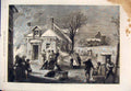 Original Old Antique Print Christmas Eve Fire House 1860 19th Century
