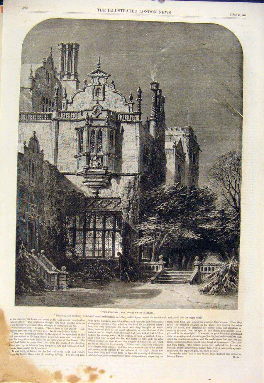 Original Old Antique Print Prodigal Son Read Christmas 1860 19th