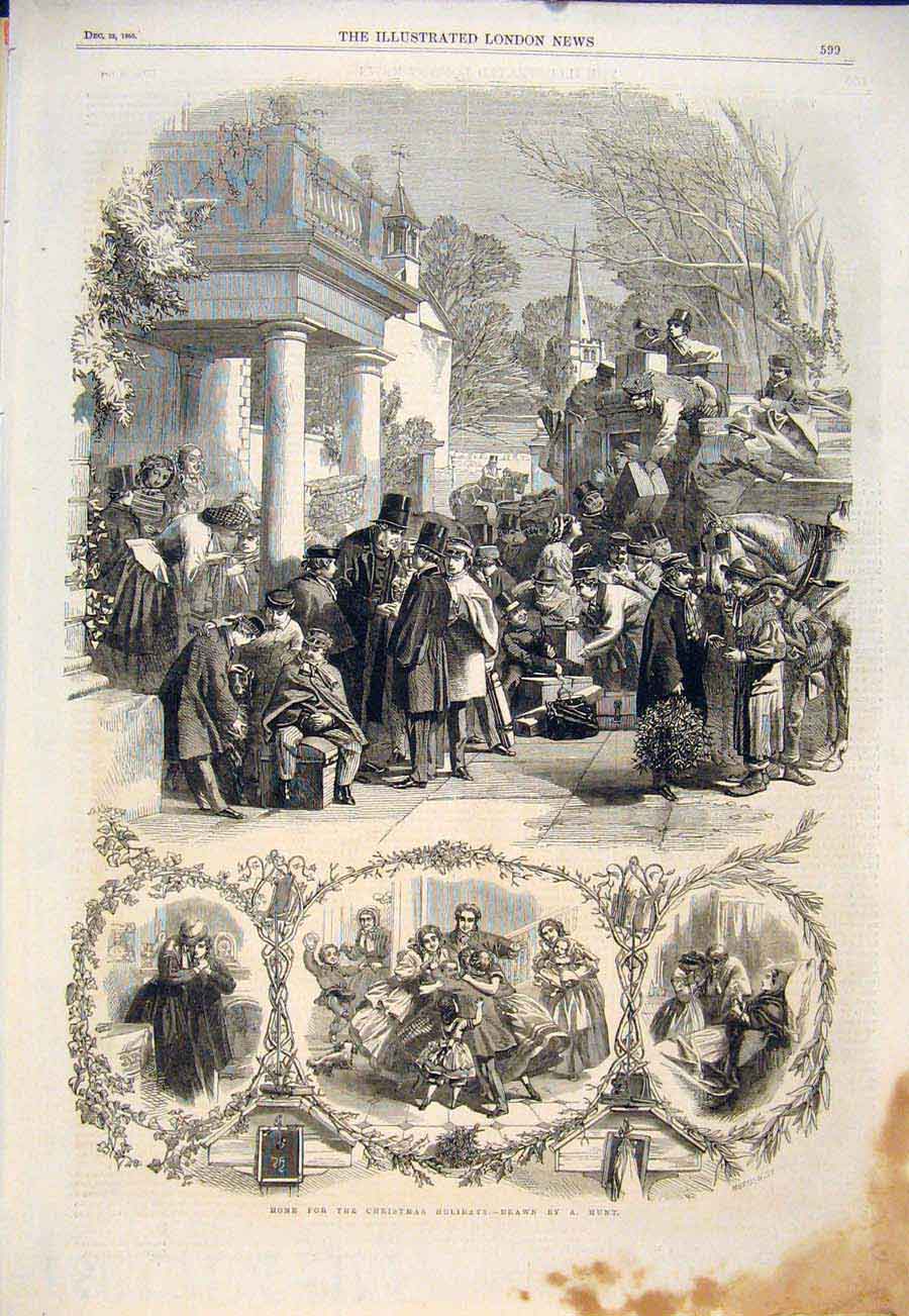 Original Old Antique Print Christmas Holidays Hunt Children 1860 19th