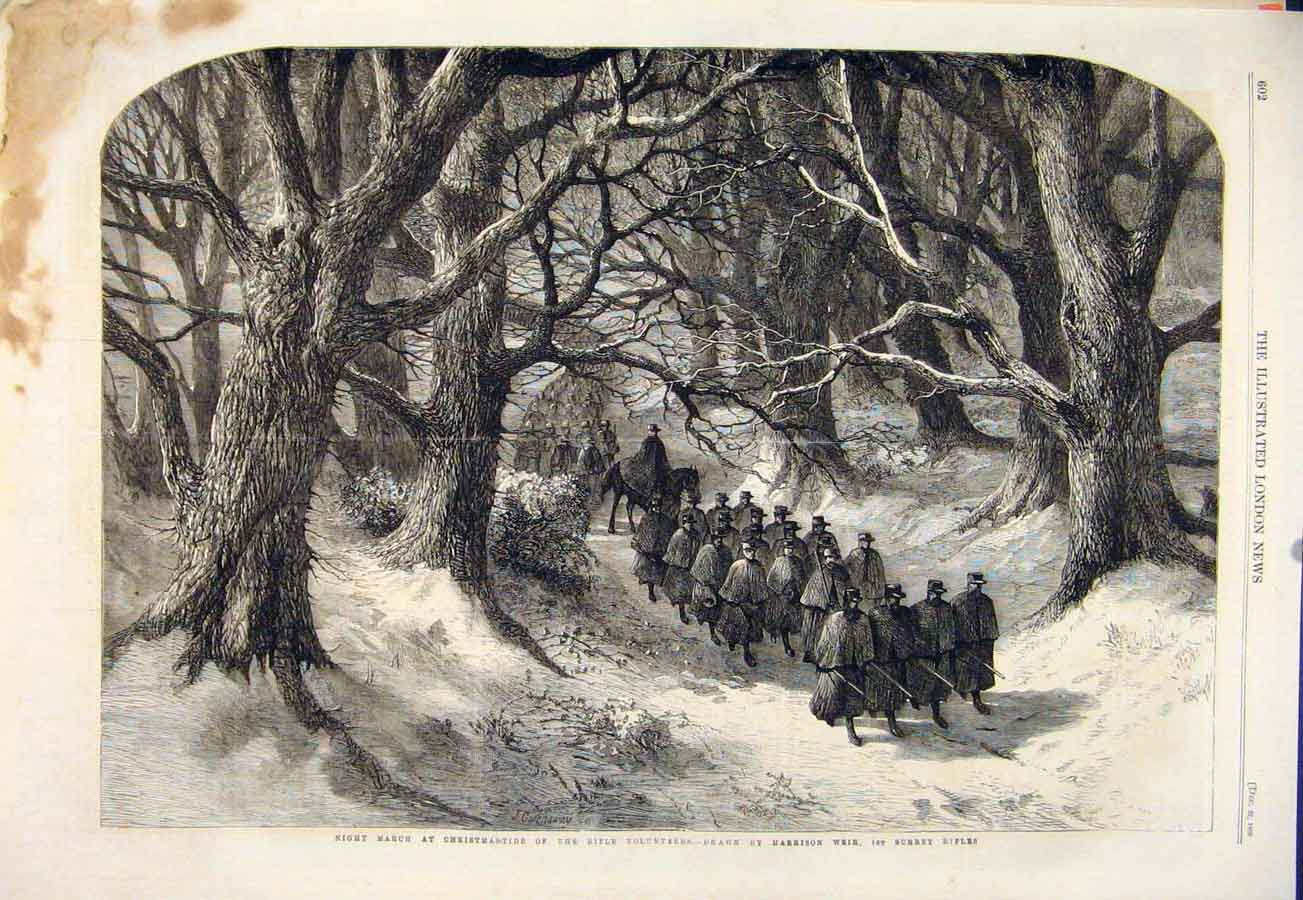Original Old Antique Print Christmas Rifle Volunteers Weir Surrey Rifles 1860