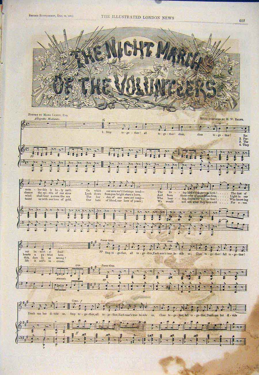 Original Old Antique Print Night March Volunteers Music Sheet Score Balfe Lemon