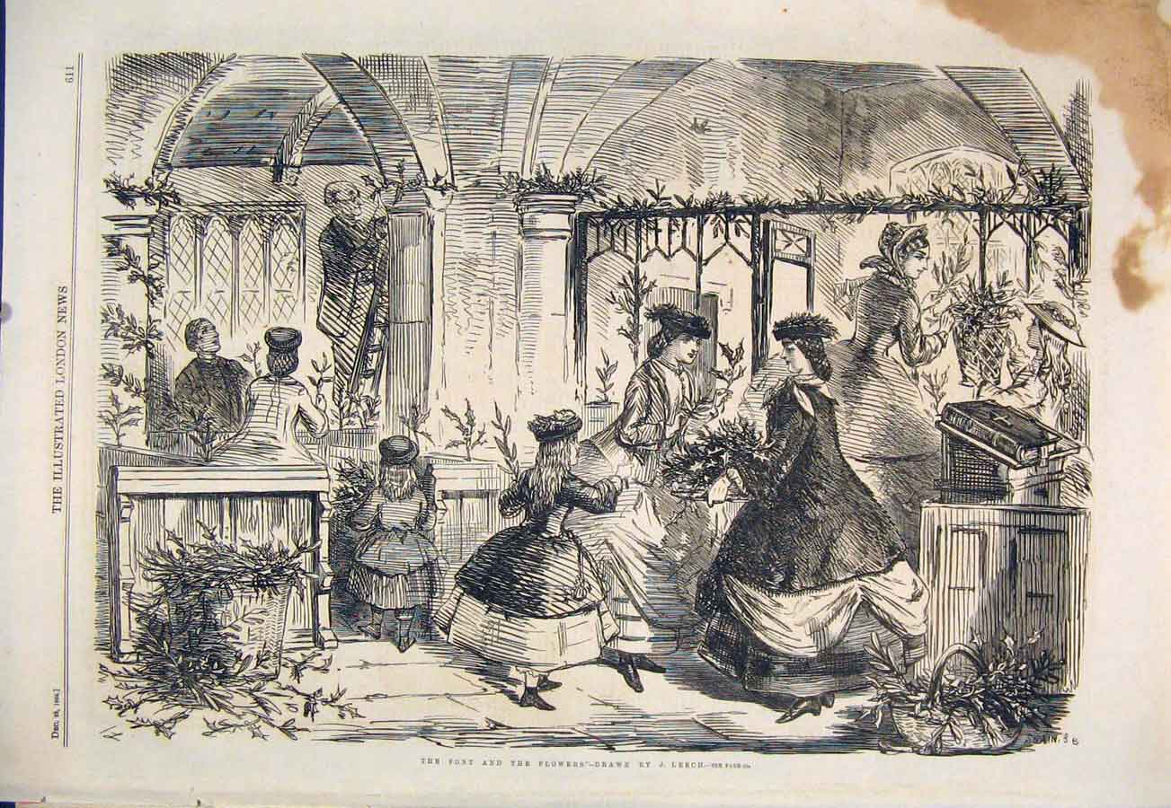 Original Old Antique Print Font Flowers Leech Sketch Decoration 1860 Victorian