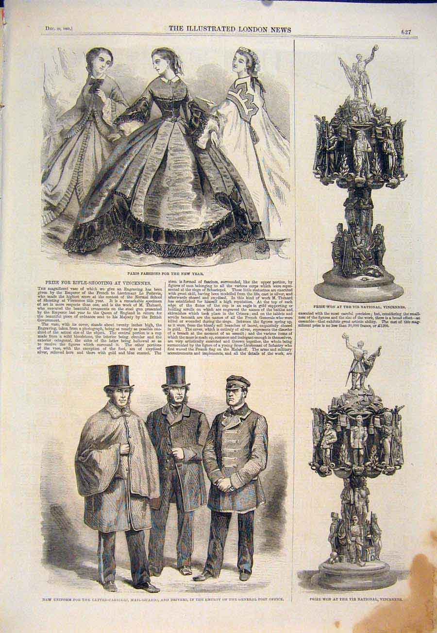 Old Antique Print Paris Fashion Vincennes Prize Mail Guards Uniform 1860 19th