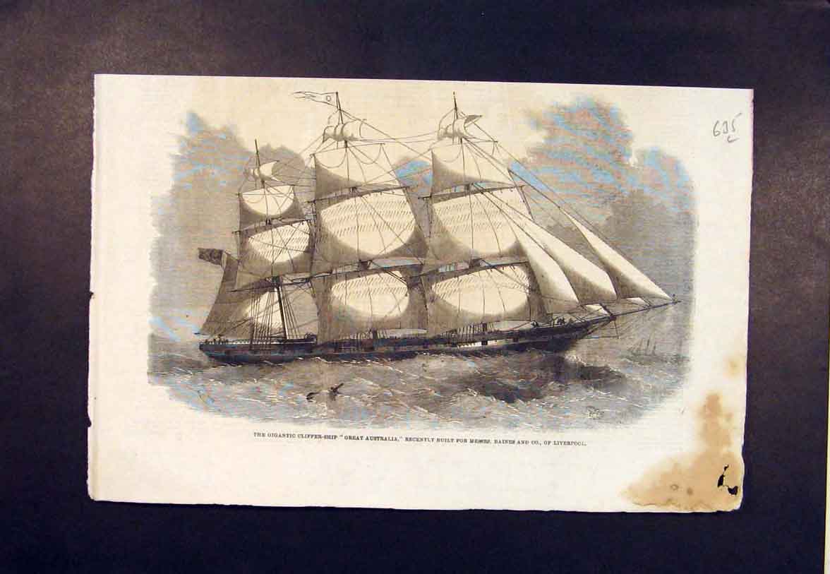 Original Old Antique Print Clipper Ship Great Australia Baines Liverpool 1860