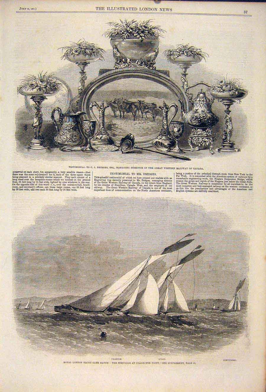 Original Old Antique Print Bridges Canada Railway London Yacht Coalhouse Point
