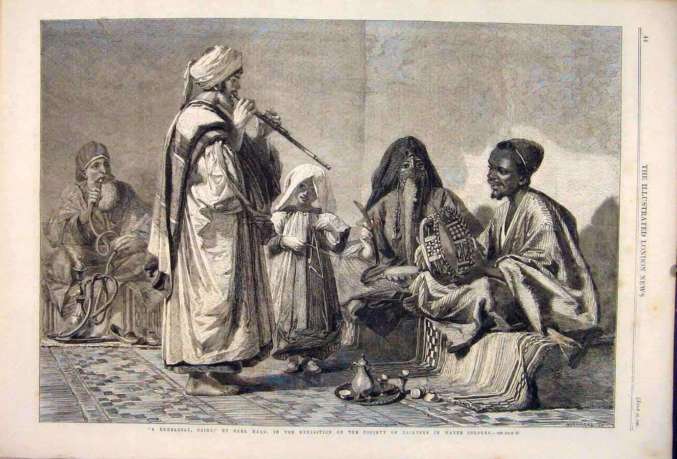 Original Old Antique Print Cairo Haag Egypt Flute Market Fine Art 1861 Painter