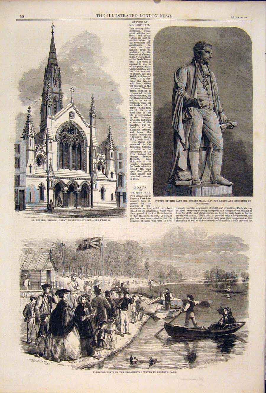 Old Antique Print St Peter'S Church Statue Hall Leeds Boats Regent'S Park