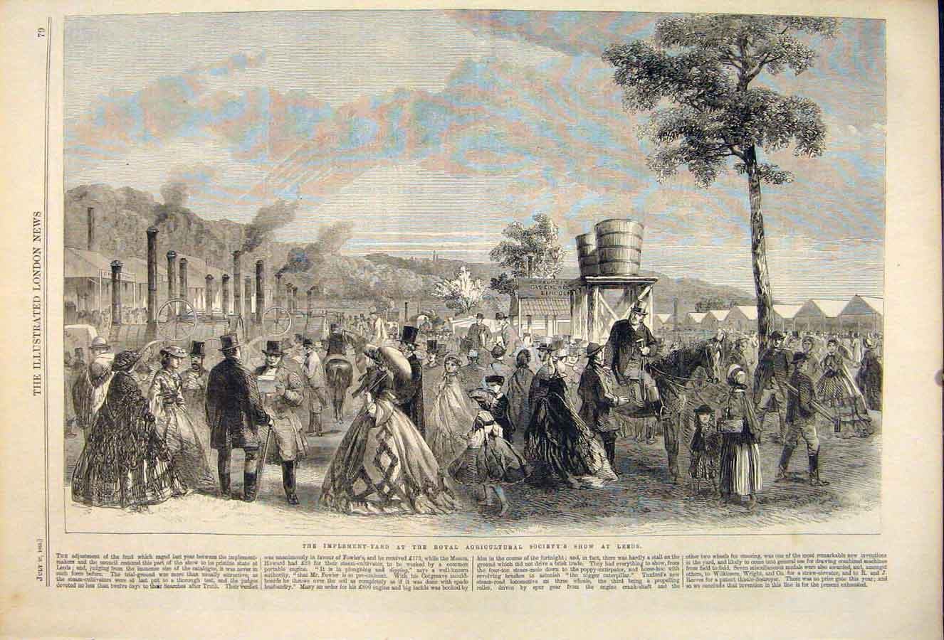 Original Old Antique Print Implement Yard Royal Agricultural Show Leeds 1861