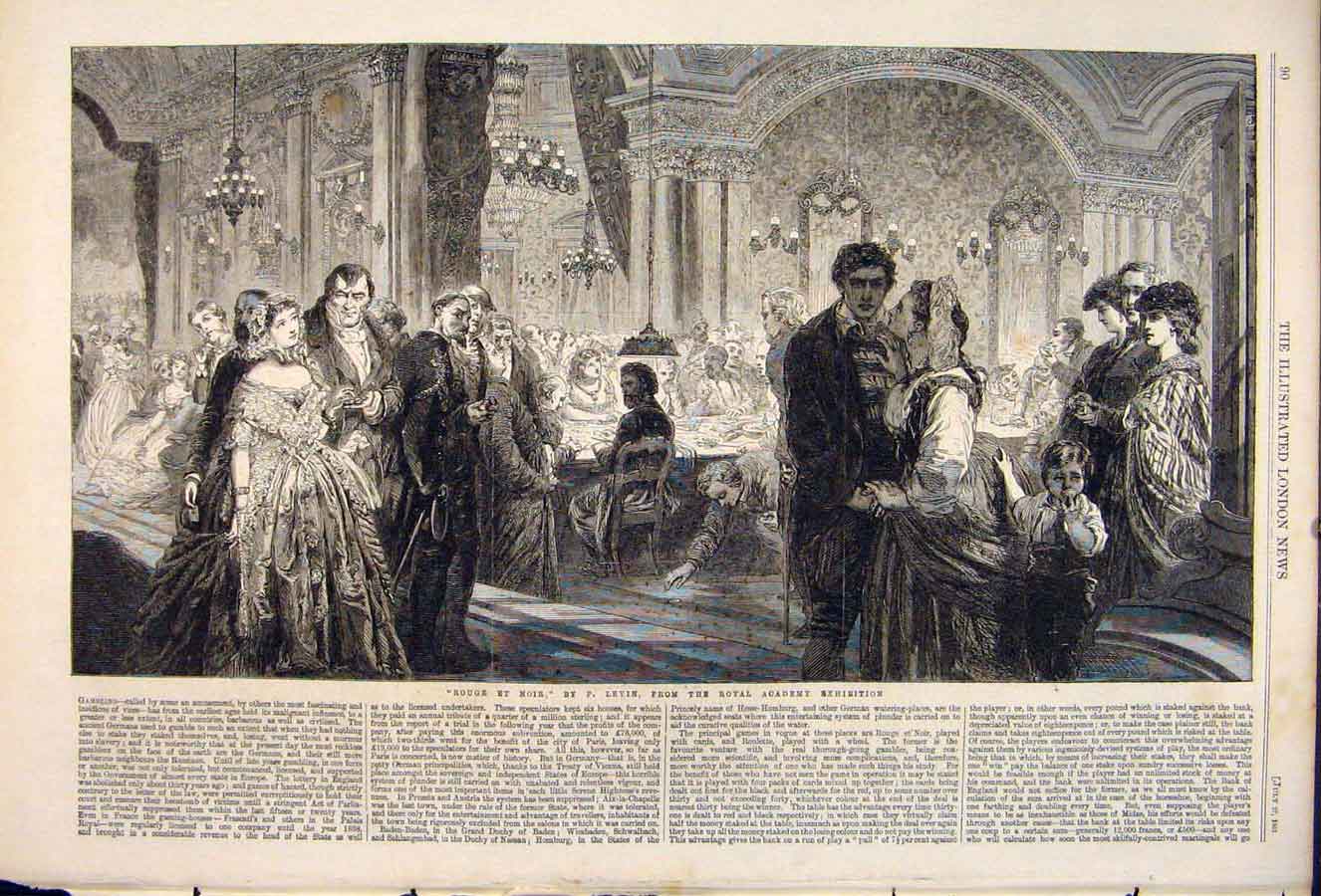 Original Old Antique Print Red Black Levin Rouge Noir Fine Art 1861 Casino 19th