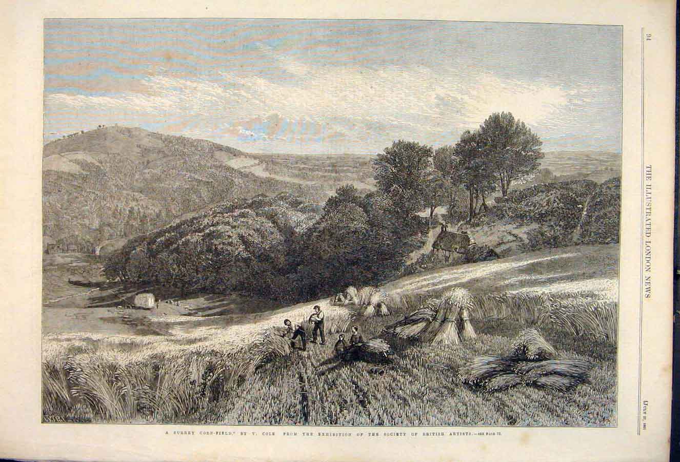 Original Old Antique Print Surrey Corn Field Cole Fine Art 1861 19th