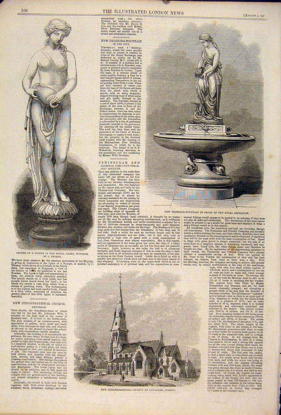 Original Old Antique Print Nymph Fountain Windsor Thomas Church Lewisham Surrey