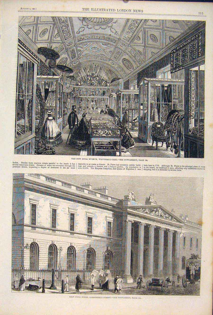 Original Old Antique Print Whitehall Yard India Museum Leadenhall Street London