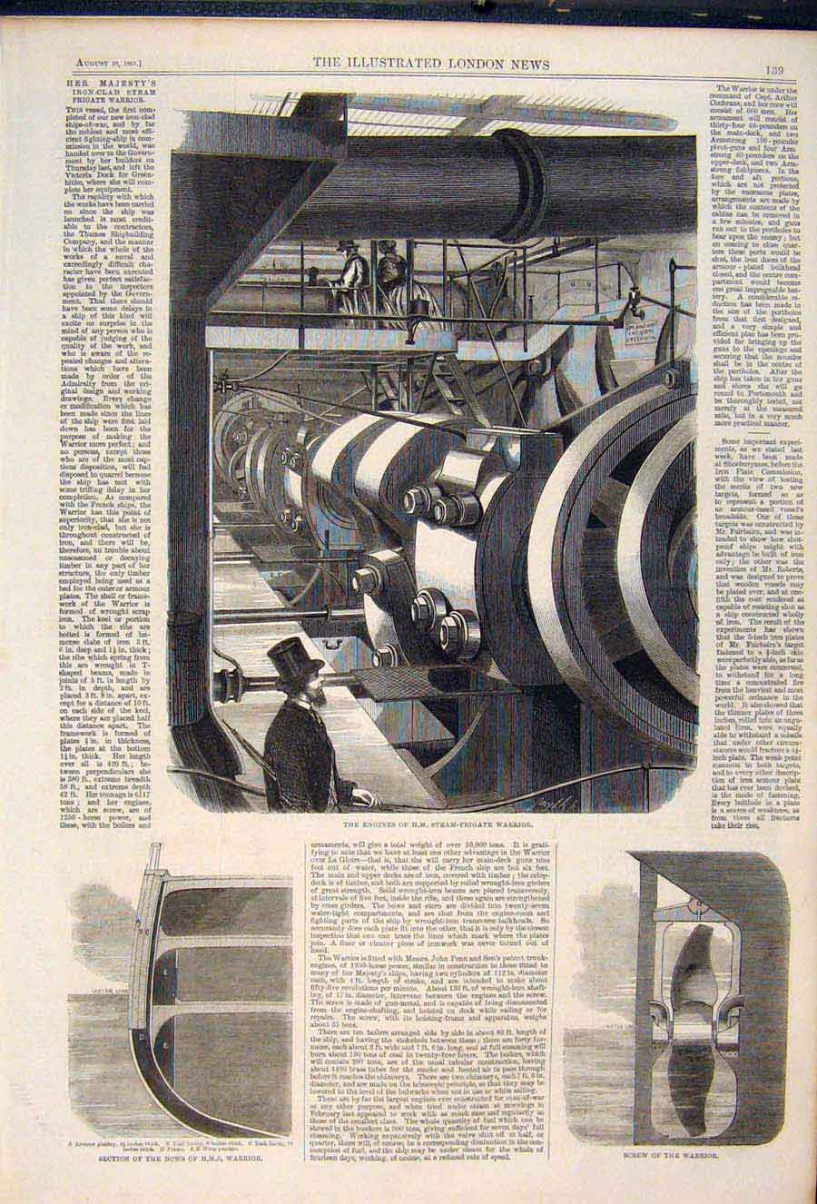 Old Antique Print Iron Clad Steamer Ironclad Frigate Warrioir Ship Engine