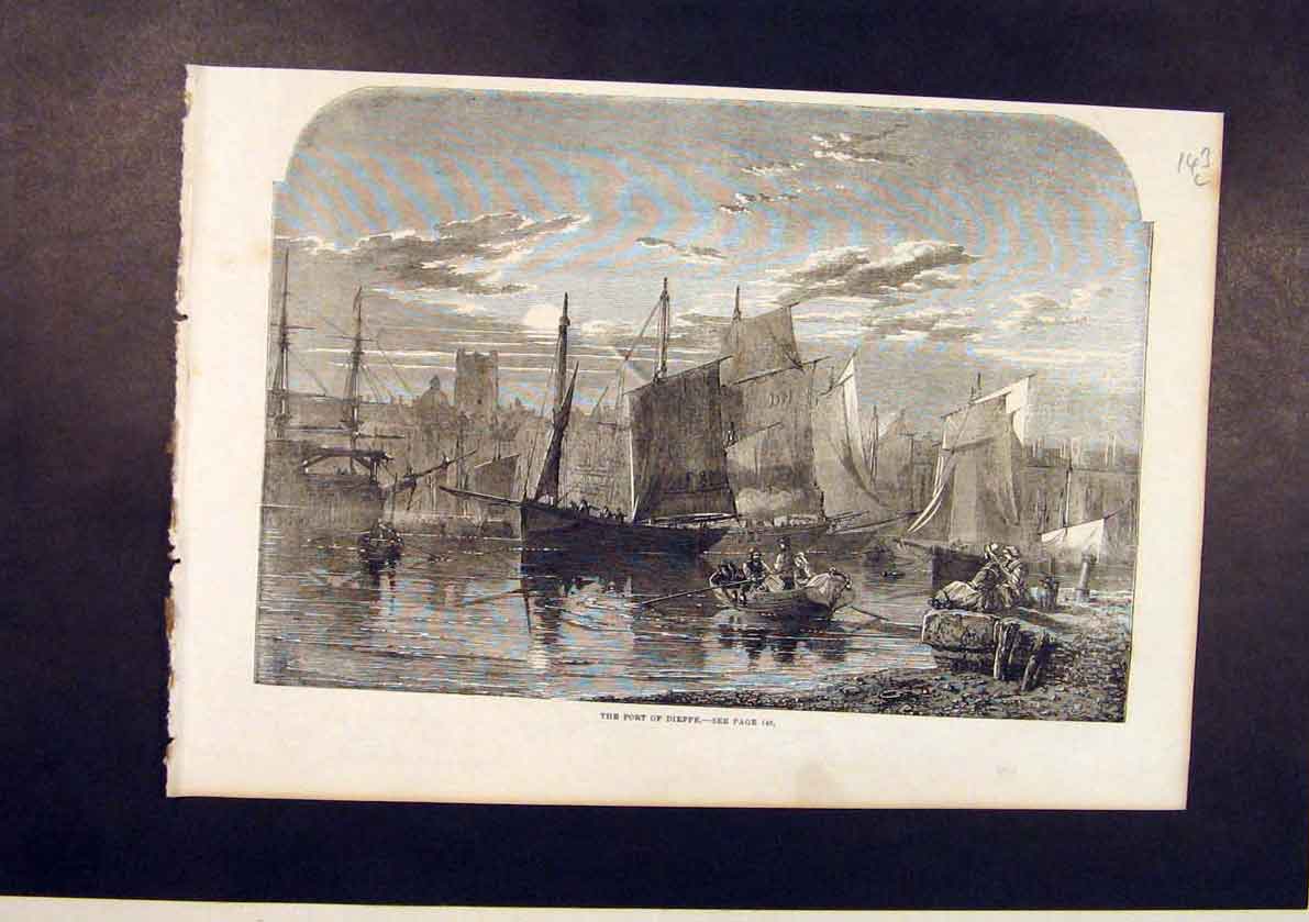 Original Old Antique Print Port Dieppe France French Boats Harbour 1861 19th