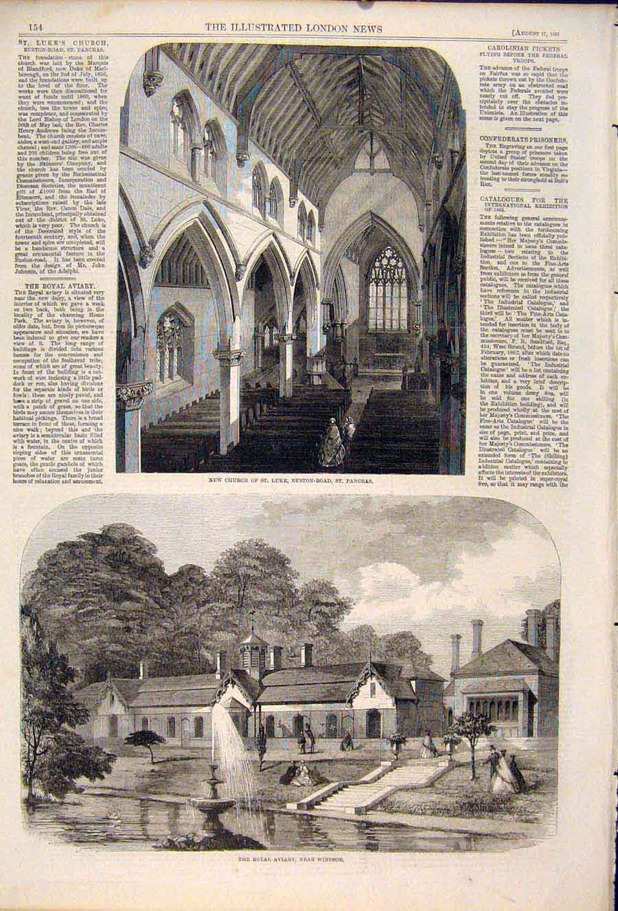 Old Antique Print Church St Luke Pancras Royal Aviary Windsor London 1861 19th