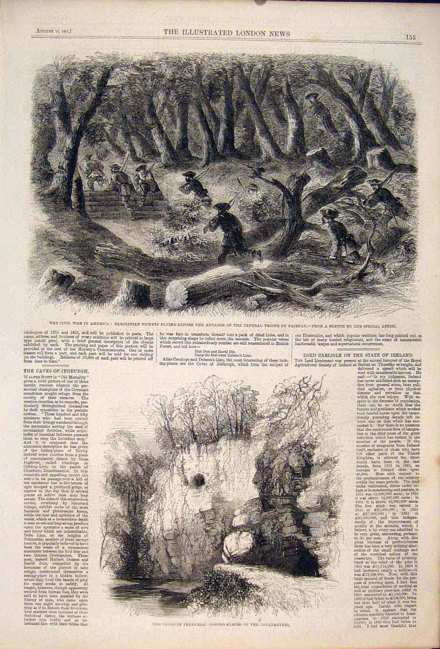 Old Antique Print Civil War America Federal Troops Fairfax Caves Jedburgh