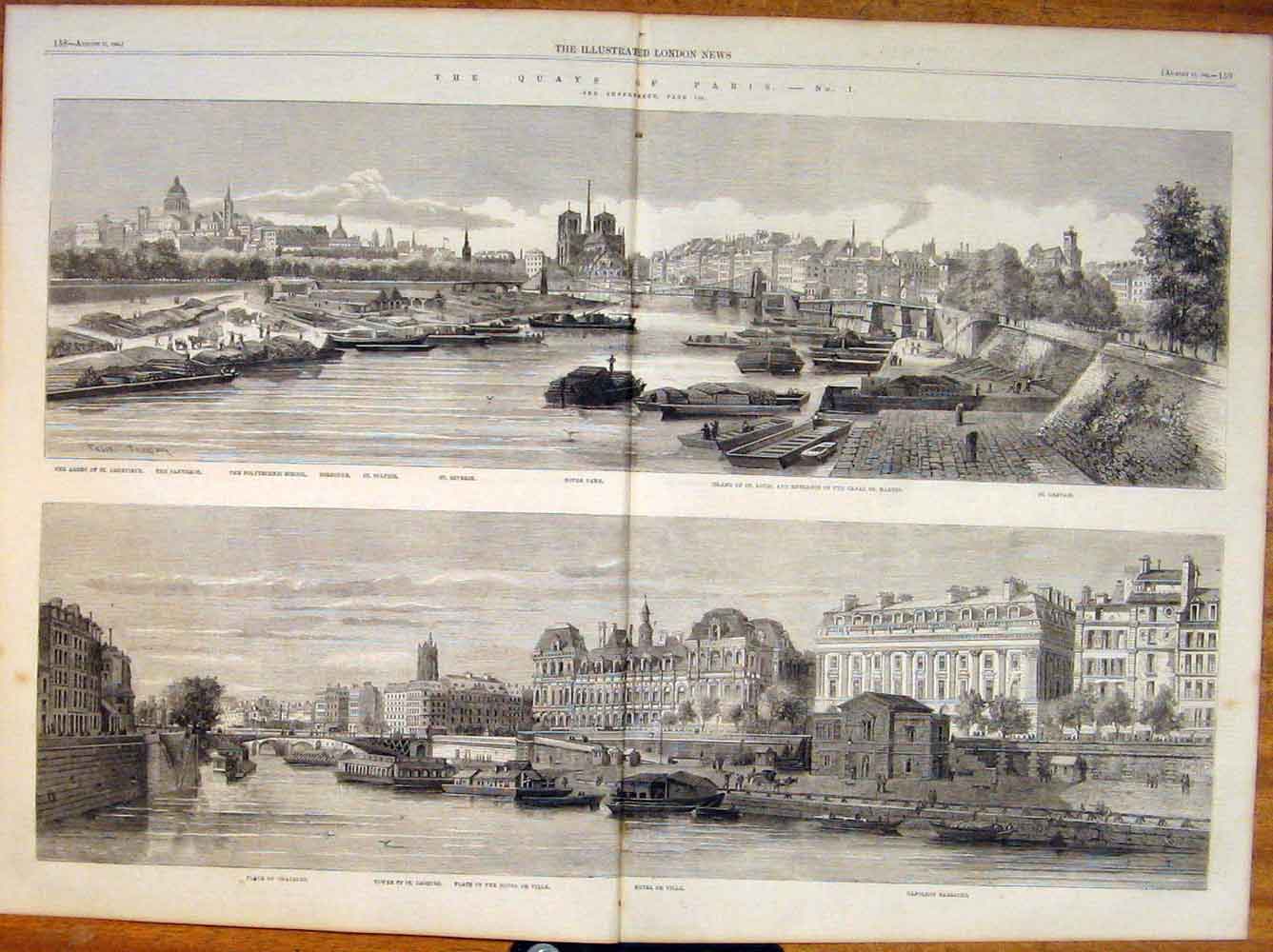 Old Antique Print Quay Paris France Notre Dame St Gervais Severn Sorbonne