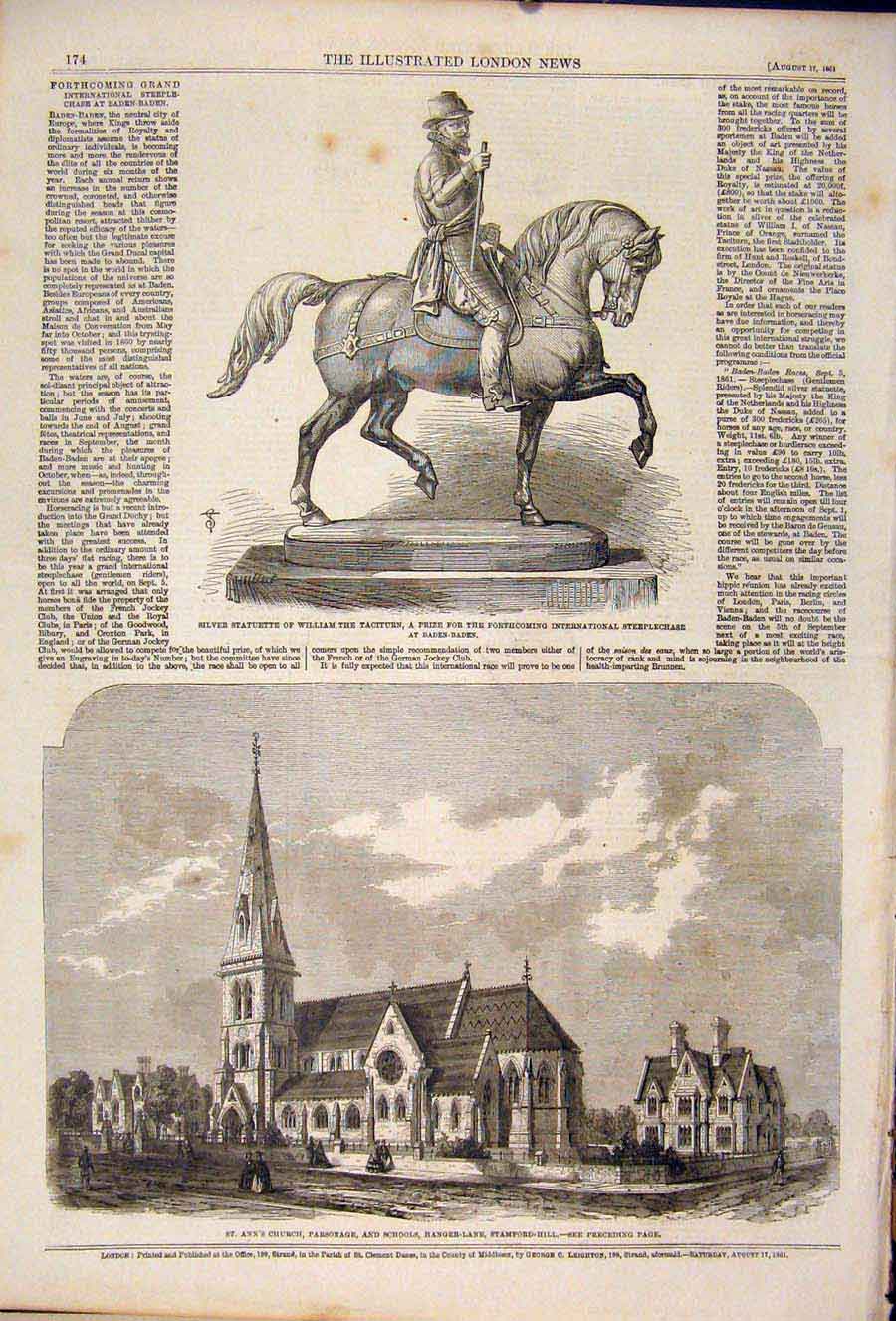 Old Antique Print Baden Church Parsonage Hanger Lane Statue William 1861 19th