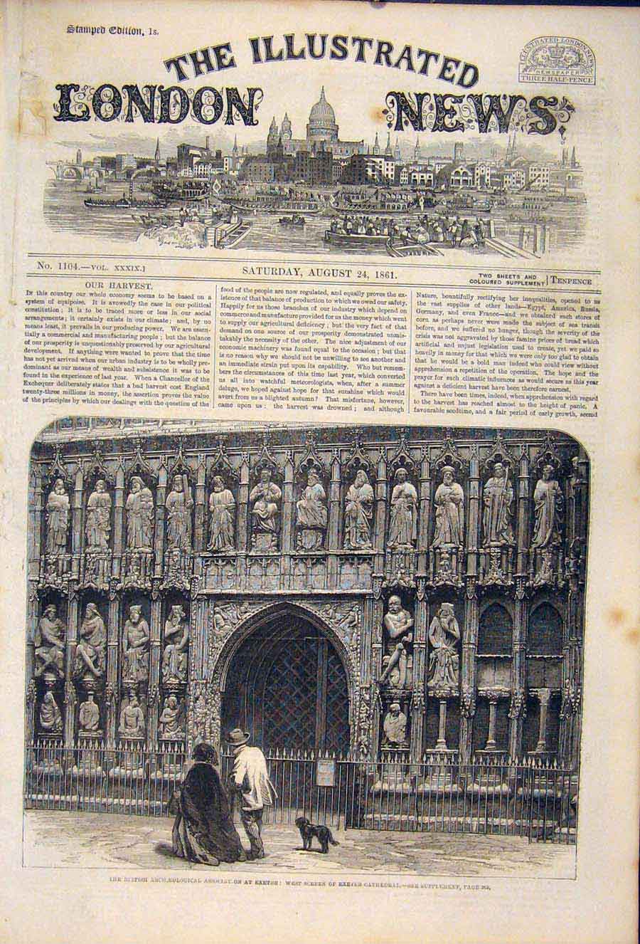 Original Old Antique Print Exeter Cathedral Archaeological Association London