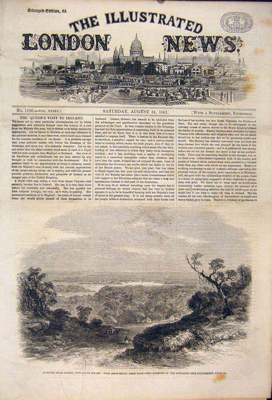 Original Old Antique Print Sydney Sketches New South Wales Austrlia Harbour 1861
