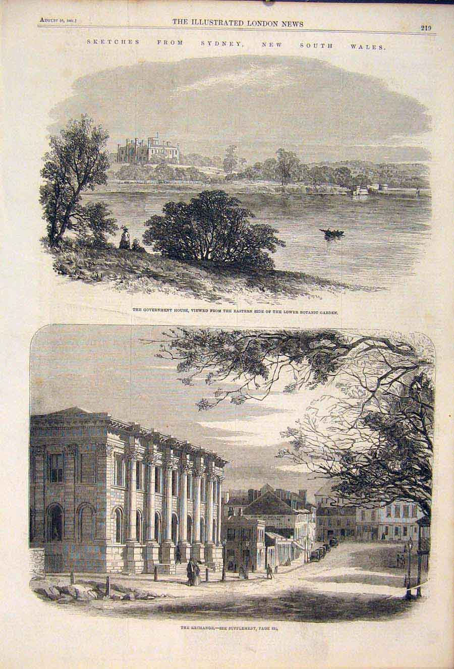 Original Old Antique Print Sketch Sydney New South Wales Australia Exchange 1861