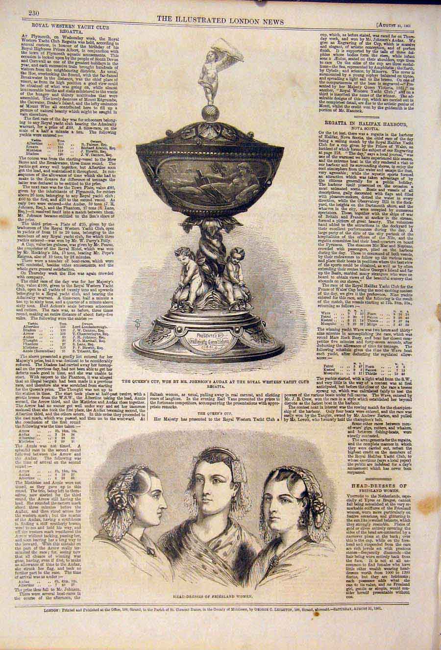 Original Old Antique Print Yacht Club Johnson Audax Regatta Friesland Women Head