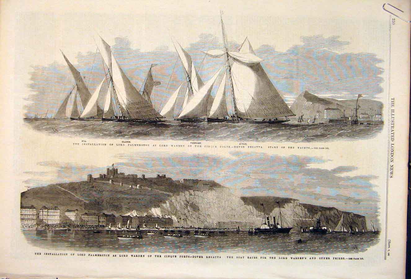 Original Old Antique Print Palmerston Warden Cinque Ports Dover Regatta Shepway