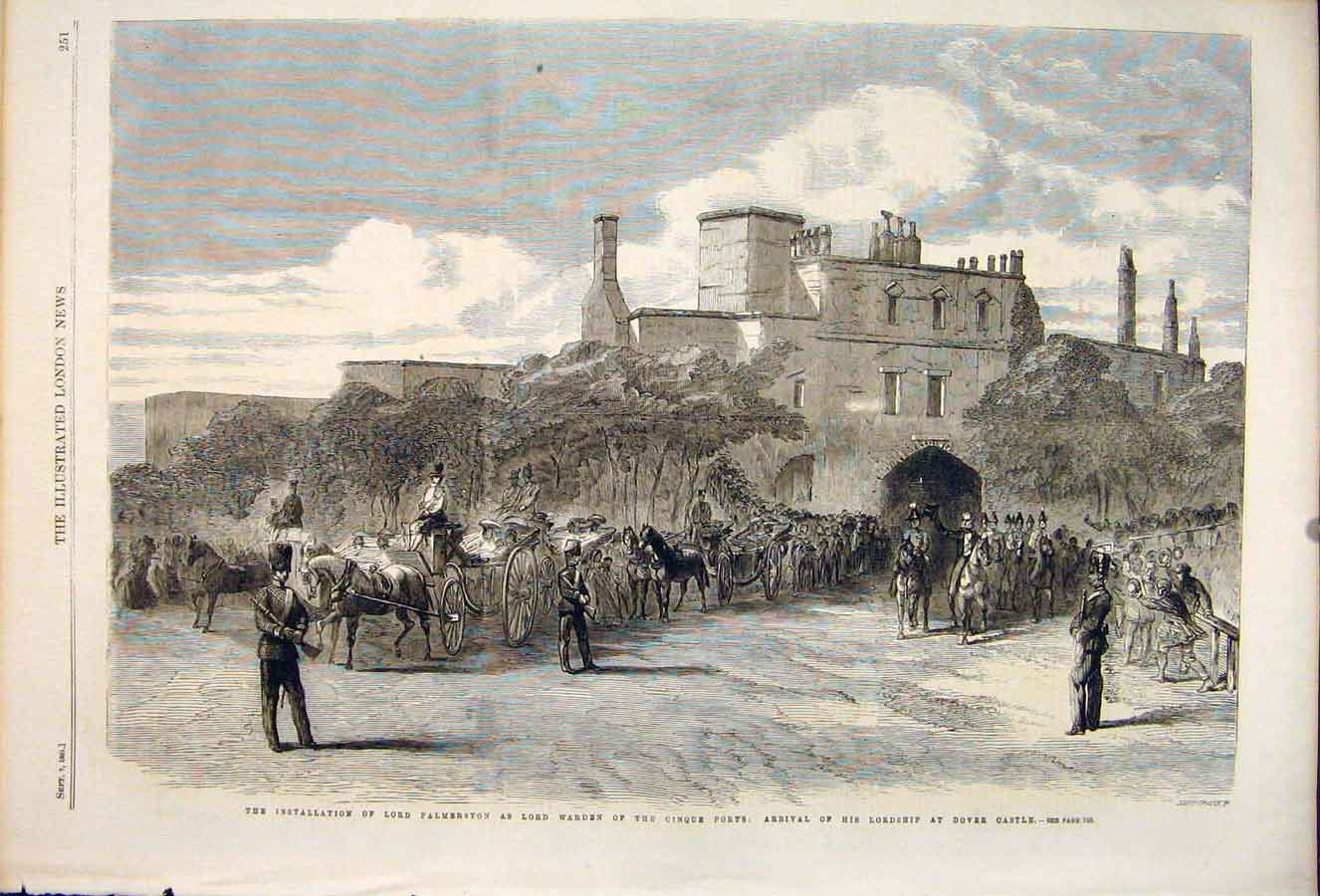 Original Old Antique Print Palmerston Warden Cinque Ports Dover Castle 1861 19th