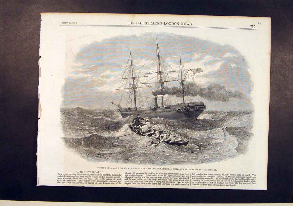 Old Antique Print Peninsular Oriental Company Ship Candiared Sea Man 1861 19th