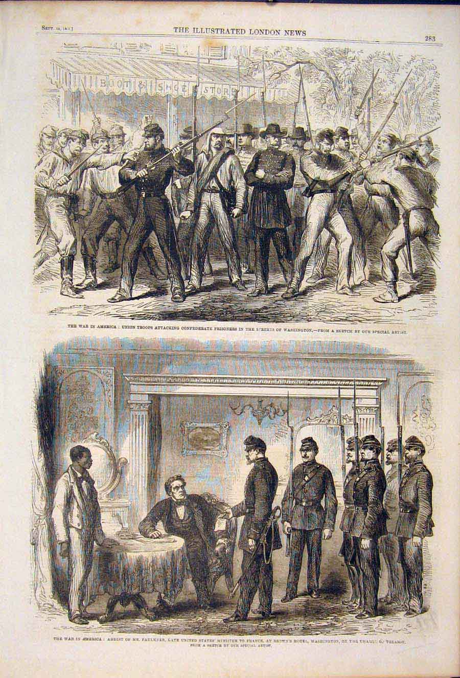 Original Old Antique Print War America Civil War Washington Faulkner 1861 19th