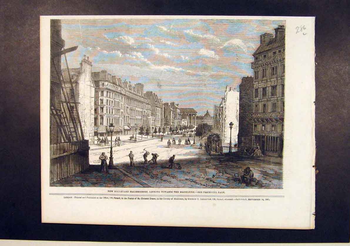 Original Old Antique Print Boulevard Malesherbes Madeleine France French 1861