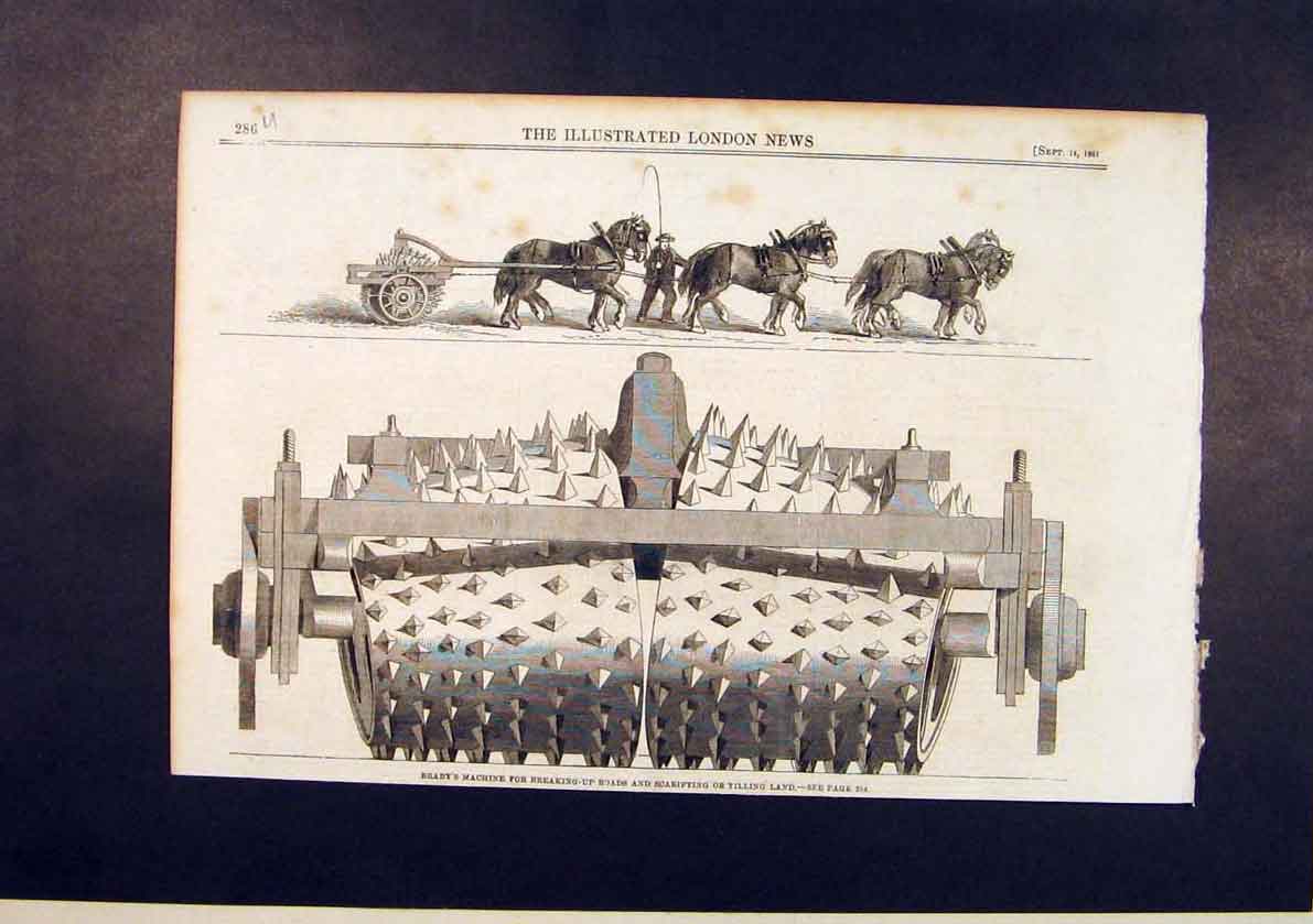 Original Old Antique Print Braby'S Machine Braby Scarifying Tilling Road 1861