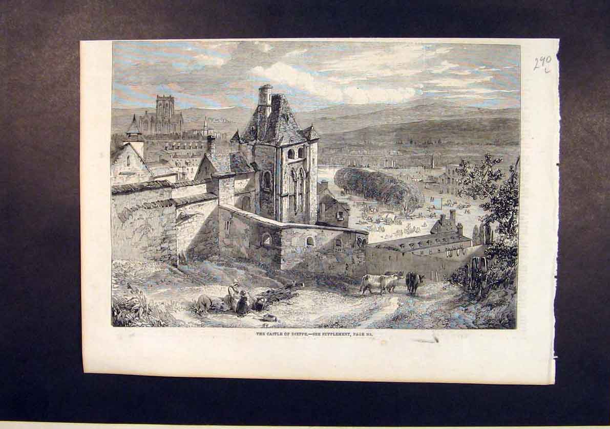 Original Old Antique Print Castle Dieppe France French 1861 19th