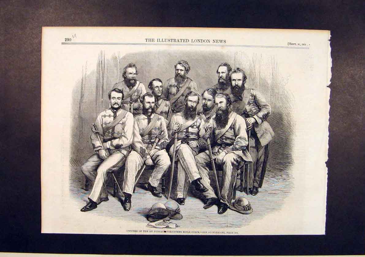 Original Old Antique Print Officers Punjaub Volunteer Rifle Corps India 1861
