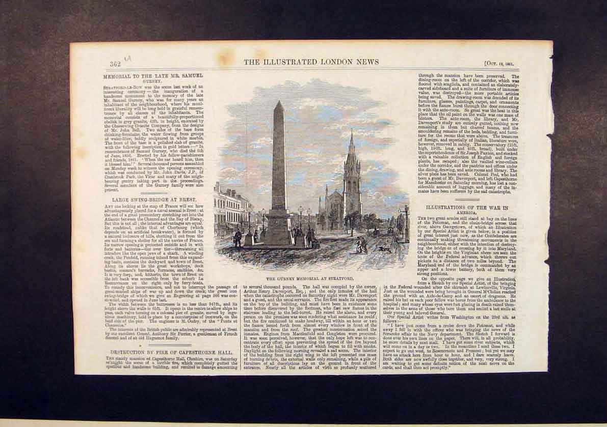 Original Old Antique Print Gurney Memorial Stratford 1861 19th