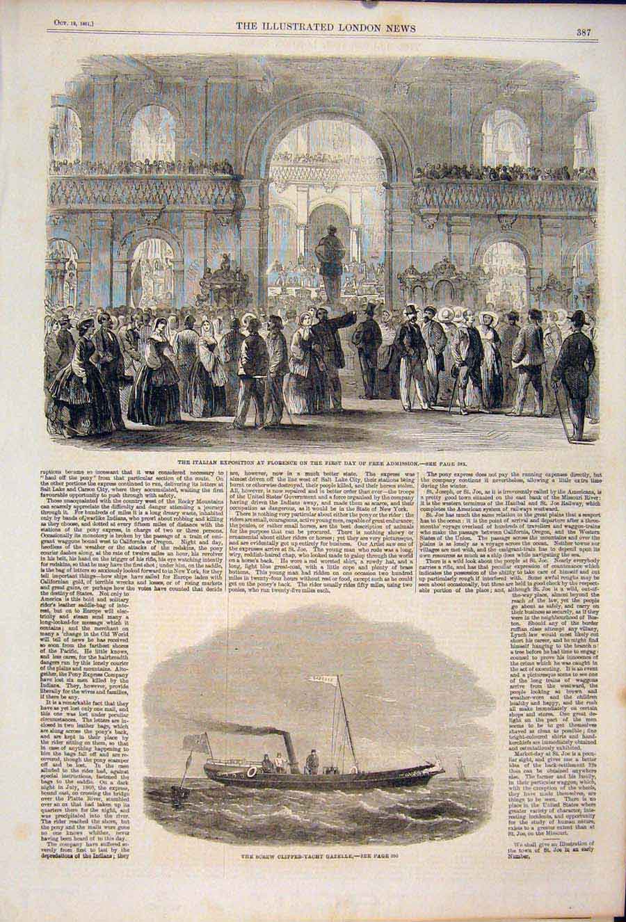 Old Antique Print Italian Exposition Florence Screw Clipper Yacht Gazelle