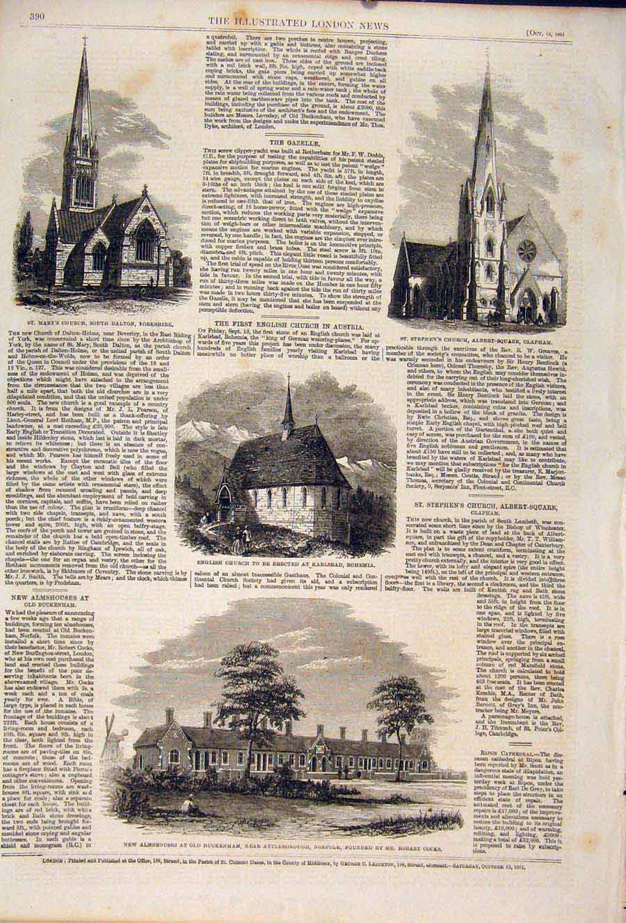 Old Antique Print Church Dalton Clapham Karlsbad Almshouses Norfolk 1861 19th