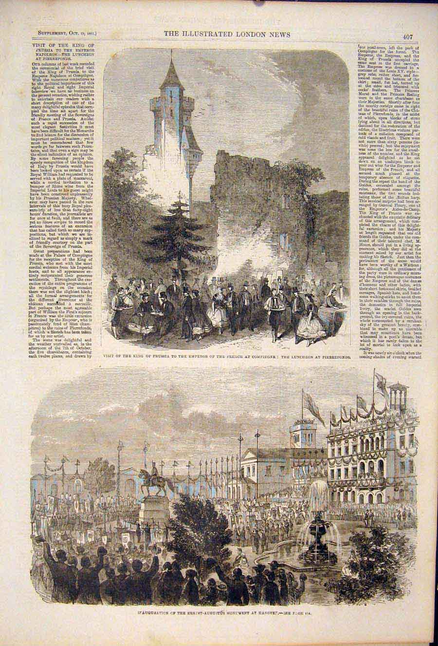 Original Old Antique Print King Prussia Compiegne Hanover Ernest Augustus 1861