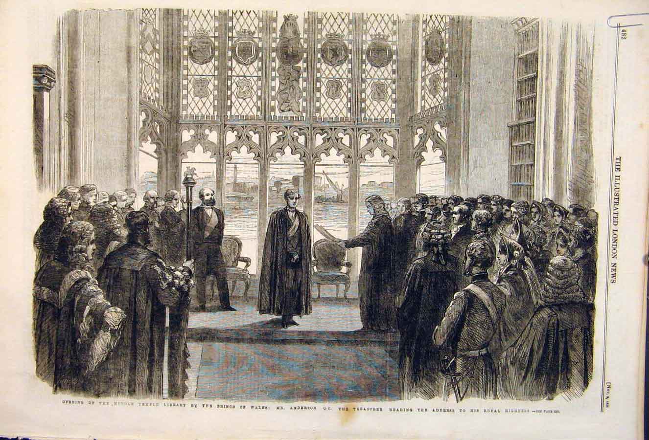 Original Old Antique Print Temple Library Anderson Prince Wales London 1861