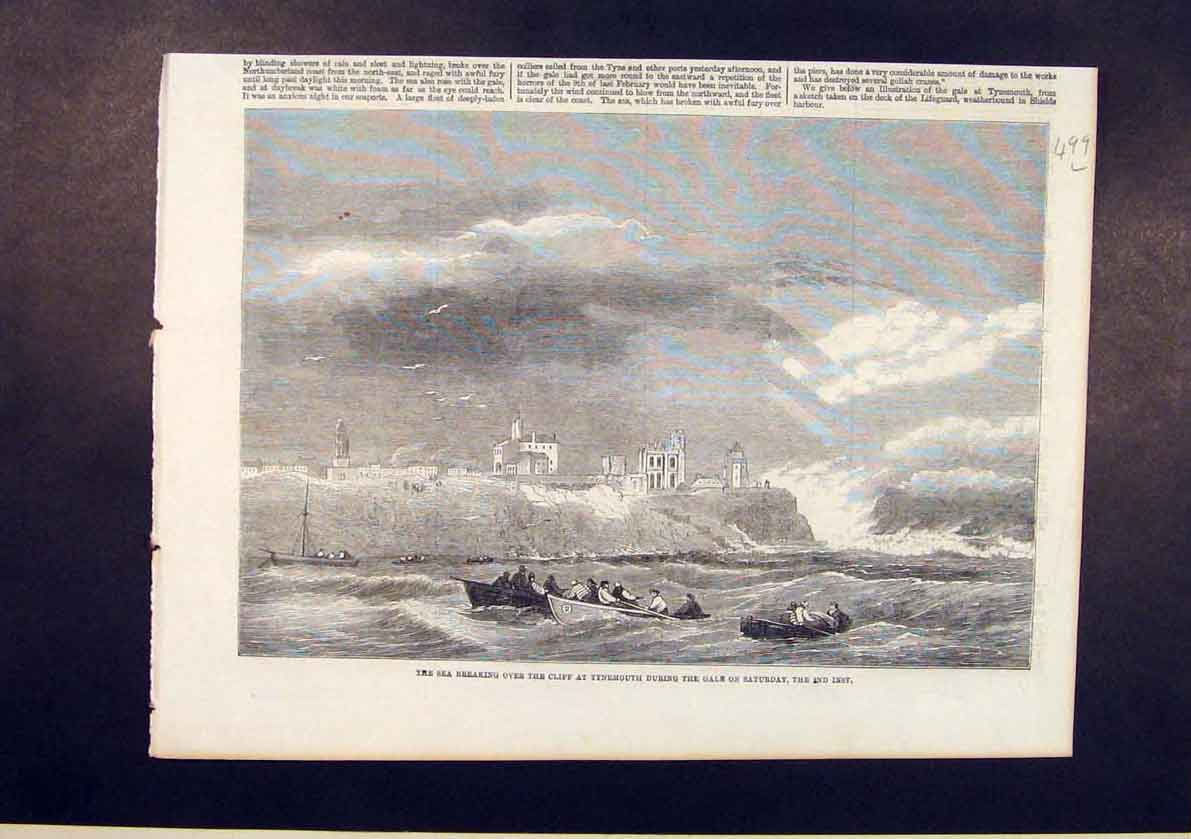 Original Old Antique Print Cliff Tynemouth Gales Sea Gale Storm 1861 Victorian