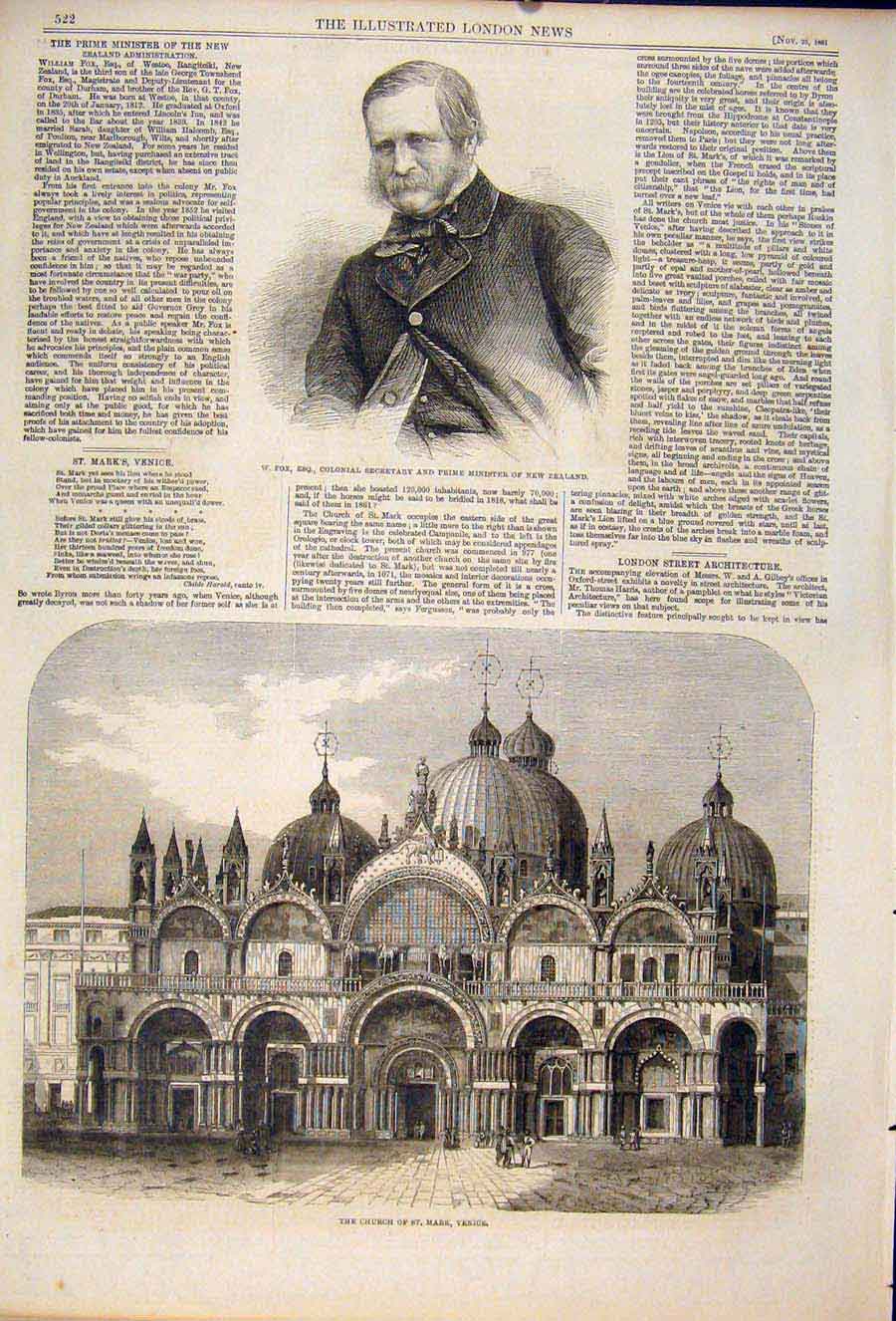 Original Old Antique Print Portrait Fox New Zealand Church St Mark Venice 1861