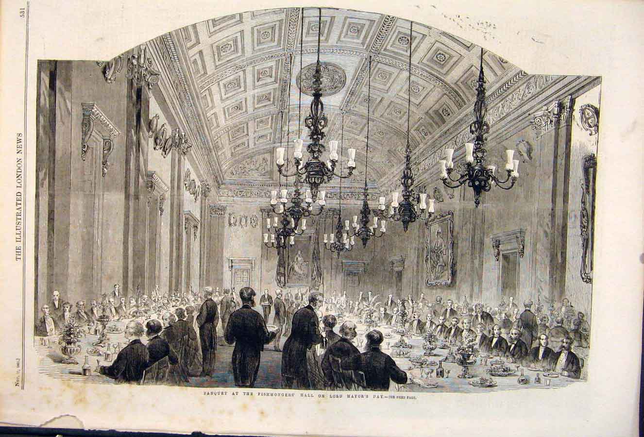Original Old Antique Print Banquet Fishmongery Hall Mayor London Fish 1861 19th
