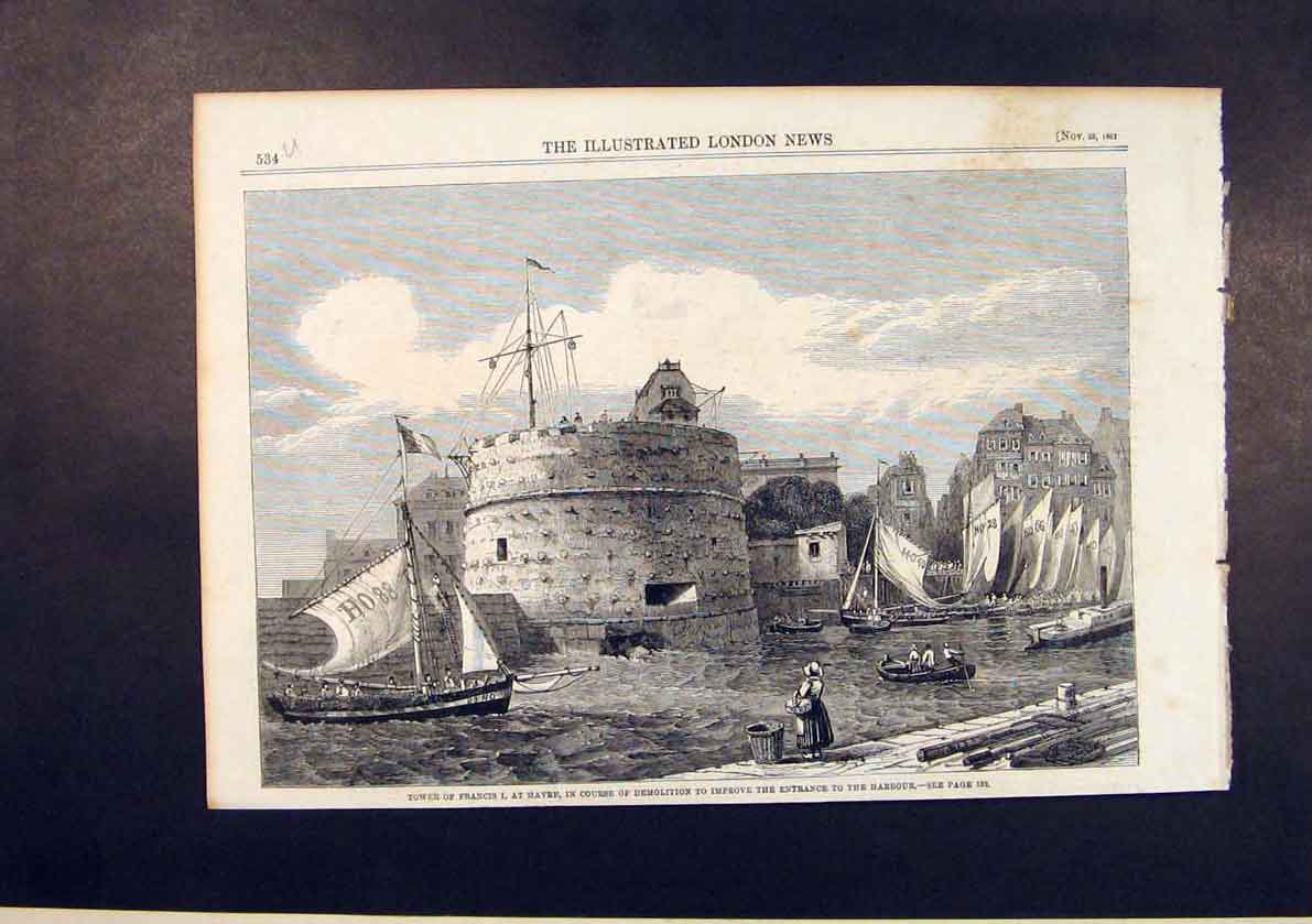 Original Old Antique Print Tower Francis Havre Demolition Harbour 1861 19th