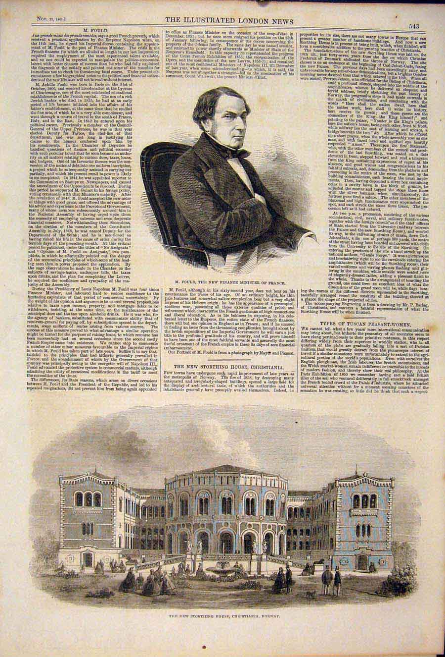 Original Old Antique Print Portrait Fould France Storthing House Norway 1861