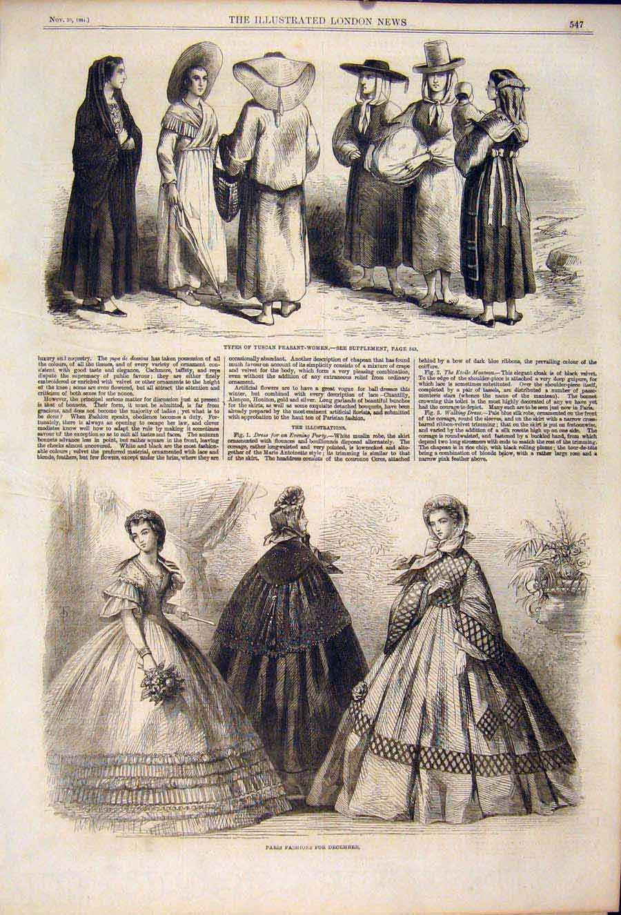 Original Old Antique Print Tuscan Peasant Women Tuscany Paris Fashion 1861 19th