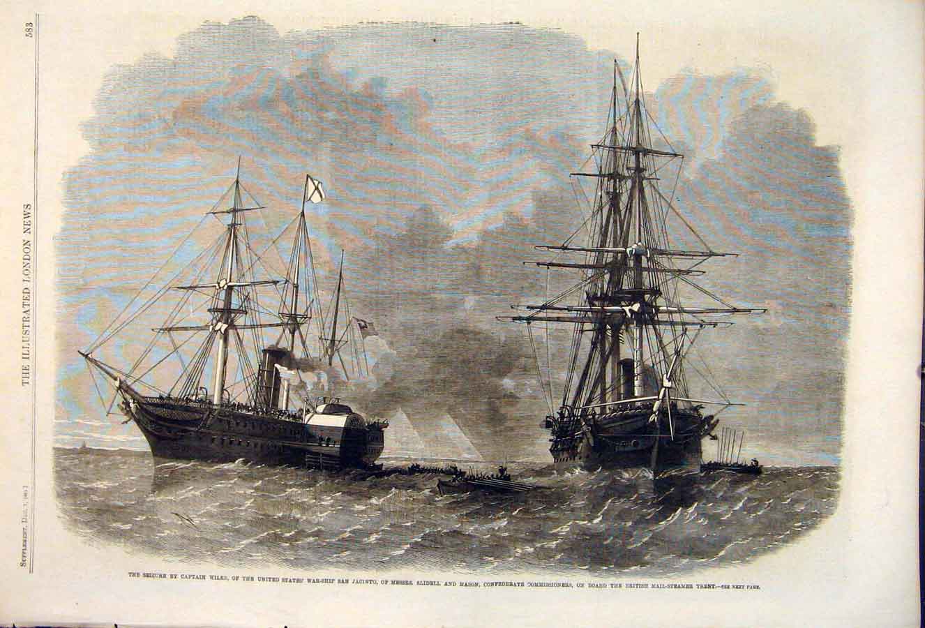 Old Antique Print Willks United States War Ship San Jacinto Slidell Mason