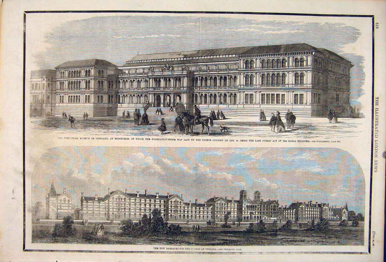 Old Antique Print Industrial Museum Scotland Barracks Guards Chelsea 1861 19th