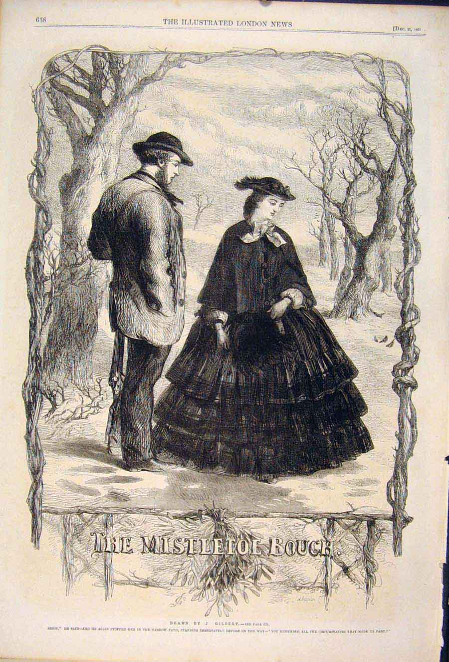 Old Antique Print Mistletoe Bouch Gilbert Sketch Christmas Lady Man 1861 19th