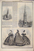 Original Old Antique Print Church Kingstone Staffordshire Coventry Costume Lady