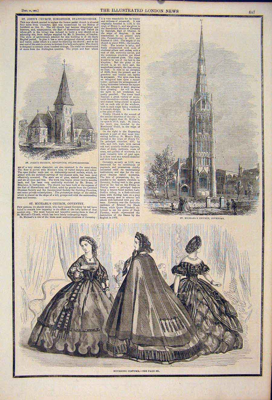 Original Old Antique Print Church Kingstone Staffordshire Coventry Costume Lady